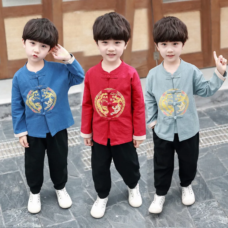 

2019 New Style Chinese-style Children Chinese Clothing Case BOY'S Autumn Chinese Costume Children long feng jixiang Two Case Fas