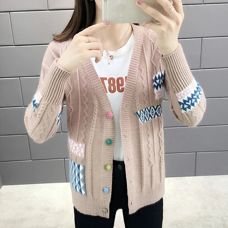 

Korean Style Single Breasted Cardigans Womens Sweaters 2019 New Autumn Winter V-Neck Long Sleeve Fashionable Printed Knitwear