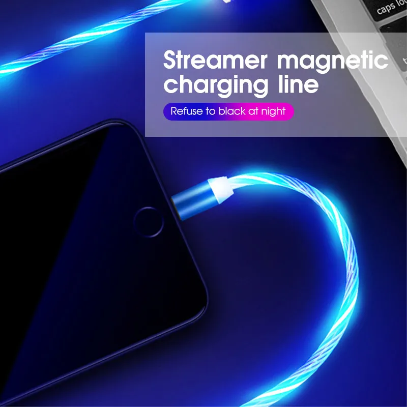 1 м Магнитный usb-кабель светодиодный светящийся струящийся Micro USB& type C кабели для мобильных телефонов Xiaomi mi9 для samsung яркий зарядный Шнур