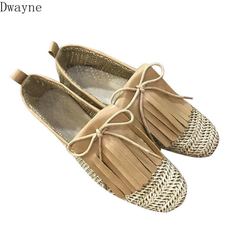 

Summer new bare apricot natural straw hollow material pointed round head shallow mouth back pull flat shoes women's shoes