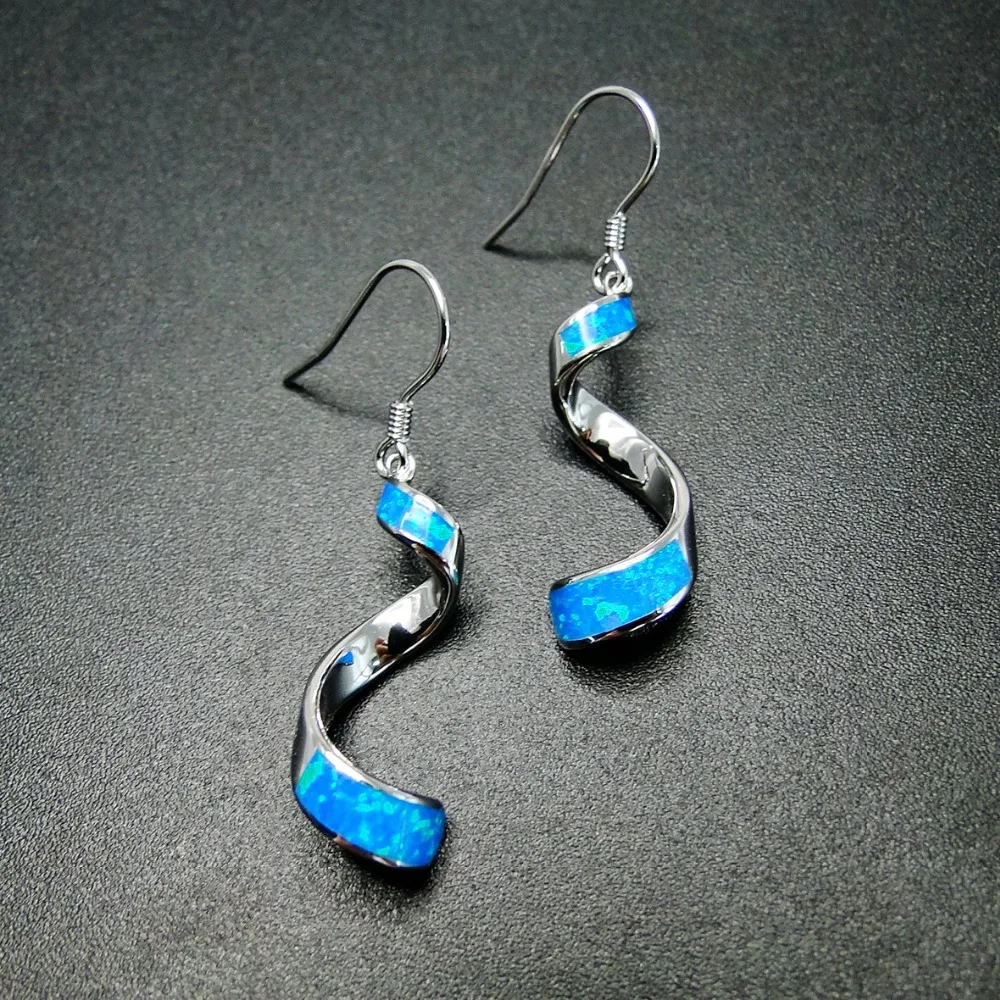 Real 925 Sterling Silver Blue Fire Opal Wave Drop Earrings for Women Party Jewlry