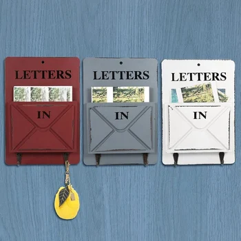 

Wooden Mail Box Letter Rack Wall Mounted Mail Sorter Storage Box Key Hooks Standing Holder