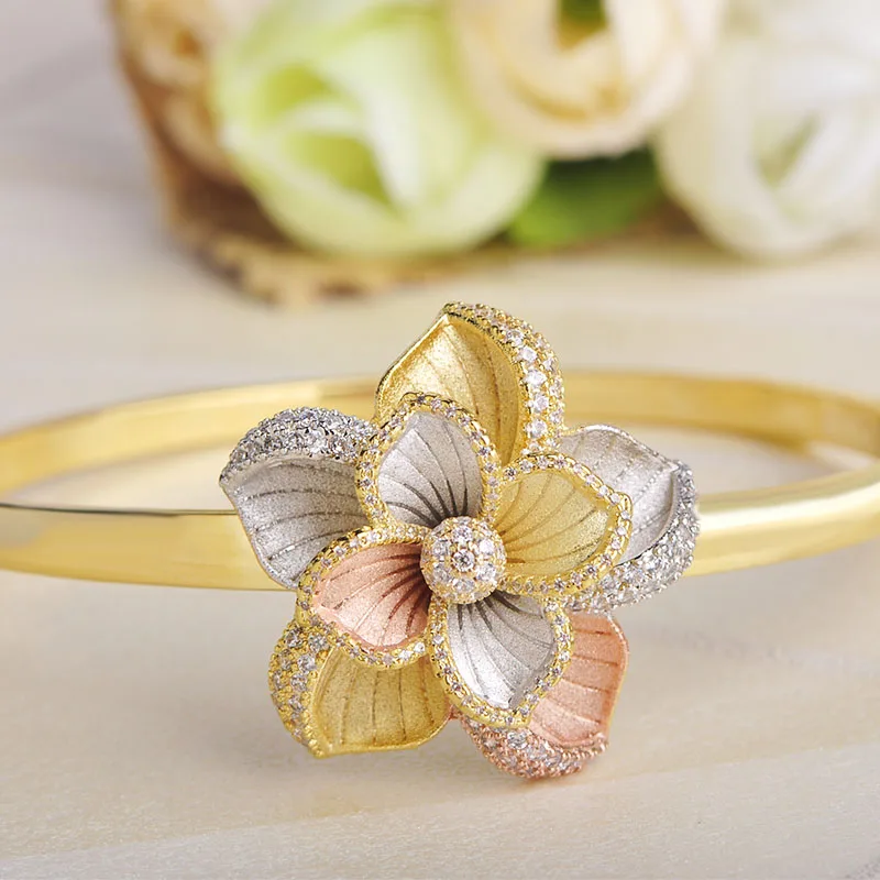 Blucome 3 Tones Cubic Zircon Flower Bangle Ring Sets Luxury Copper Wedding Bridal Jewelry Set For Women Adjustable Ring Gifts