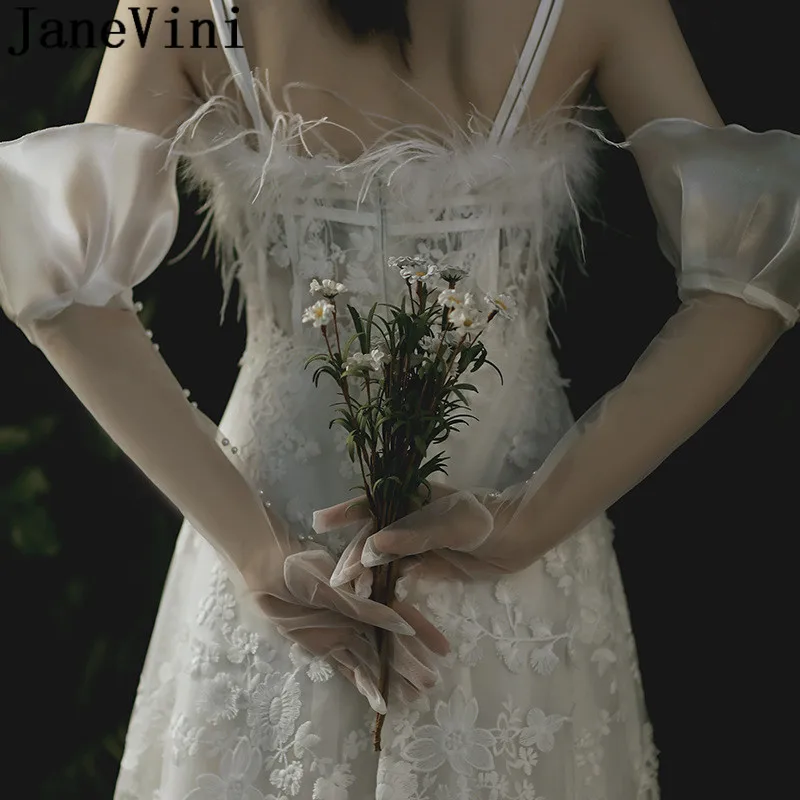 JaneVini White Sheer Pearl Gloves Long Wedding Bride Hand Gloves Gants Satin Tulle Splice Opera Length Bridal Gloves Accessories