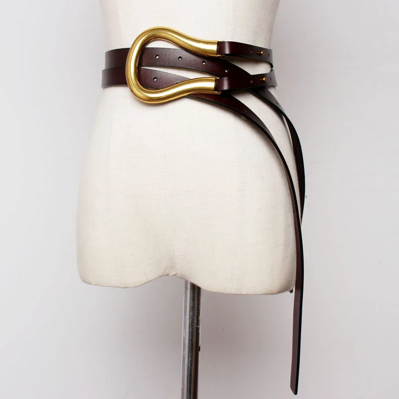 Натуральная кожа двойной ремень Роскошный металлический пояс с u-образной пряжкой для женщин и девушек Ретро винтажный большой ремень для пальто джинсы черный белый