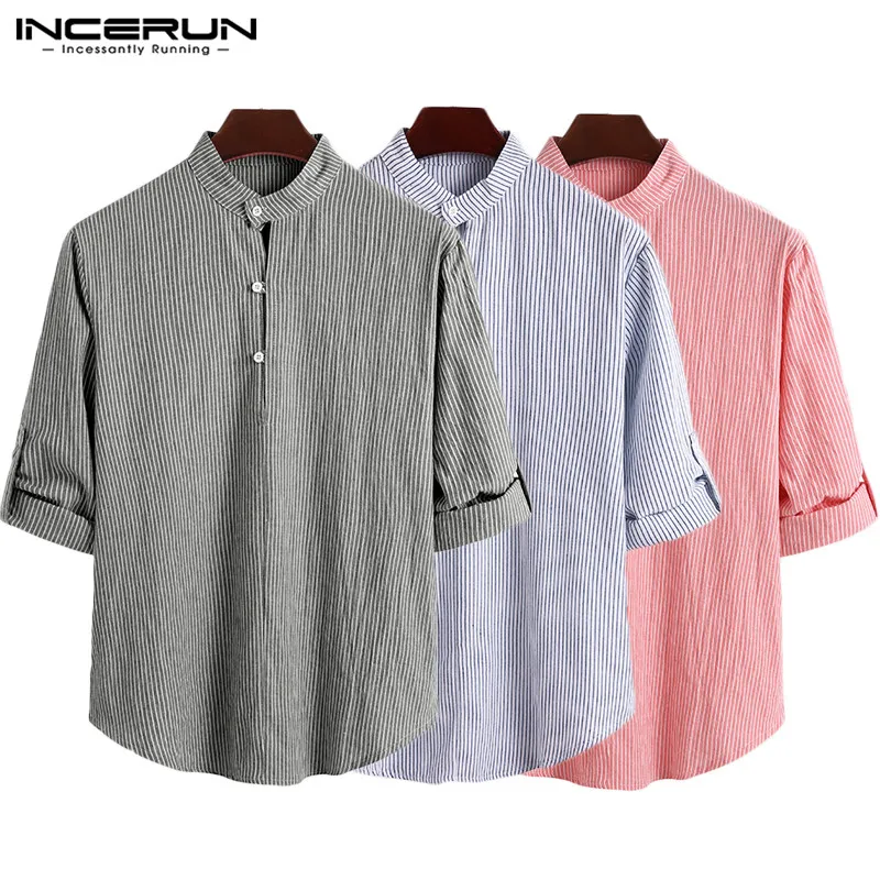 INCERUN 2020 Mens Striped Shirt Brand Long Sleeve Stand Collar Button Casual Blouse Fashion Leisure Streetwear Leisure Camisas INCERUN 2020 Mens Striped Shirt Brand Long Sleeve Stand Collar Button Casual Blouse Fashion Leisure Streetwear Leisure Camisas