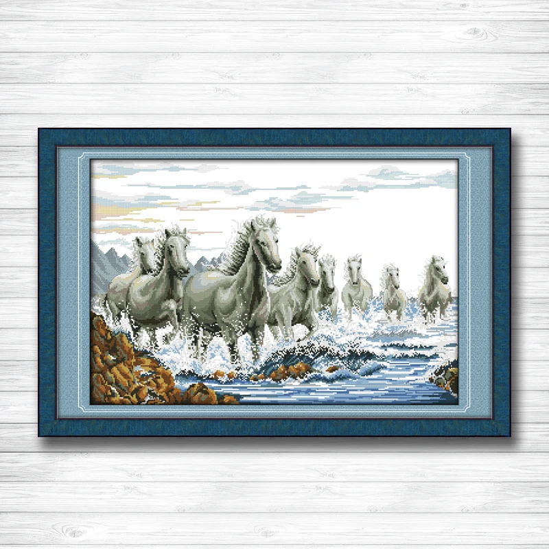 Eight white Horses galloping ahead Counted printed on canvas DMC 14CT 11CT chinese Cross Stitch Needlework kits Embroidery Sets | Дом и сад