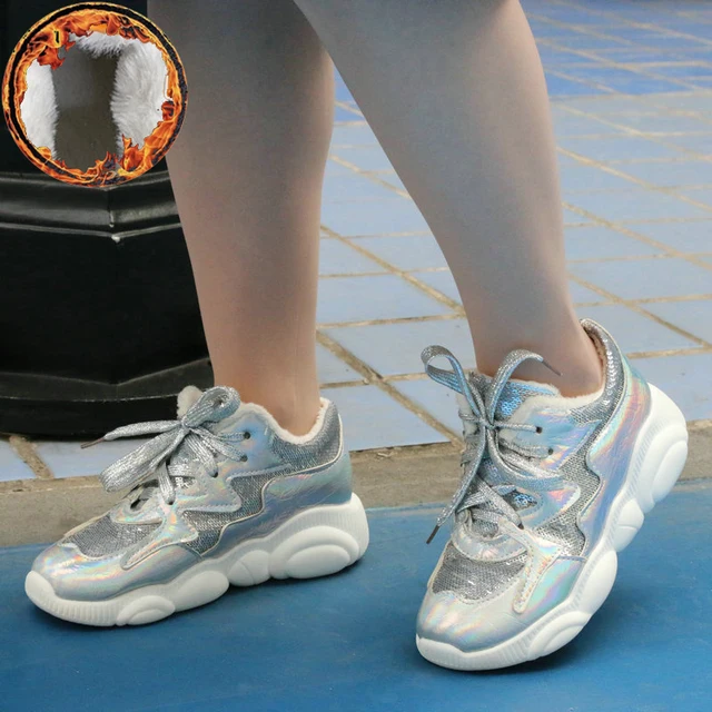 $US $35.40 EshtonShero Casual Bling Shoes Silver Sneaker Women Platform Chunky Spring Sneakers Round Toe Med H
