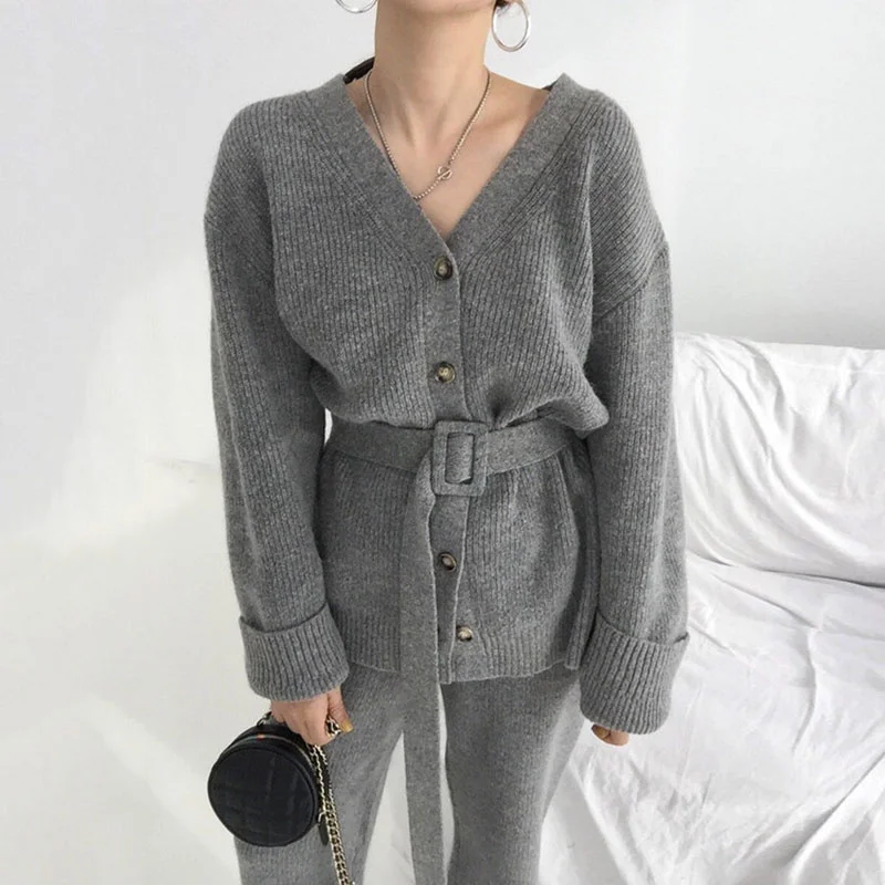 Korean Long Sleeve Sweater Chic Simple Temperament V-neck Lace Up Waist Coat High Knitted Casual Pants Women |