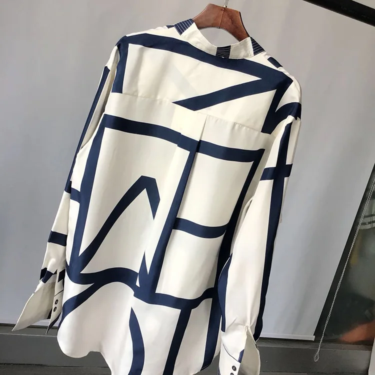 Женская рубашка с геометрическим рисунком свободная шелковая принтом лето 2019| |