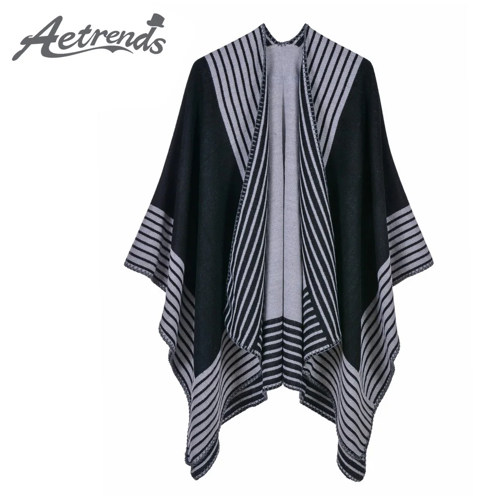 

[AETRENDS] Cardigan Poncho Blanket Sweater Cardigan Open Front Shawl Wrap Cape Coat for Fall Winter K-0009
