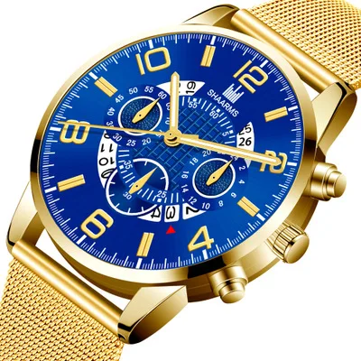 

Shaarms Brand Quartz Watch Mens Calendar Simple Fashion Mesh Strap Male Colck Blue Dial Watches for Mens Relogio Masculino Gifts