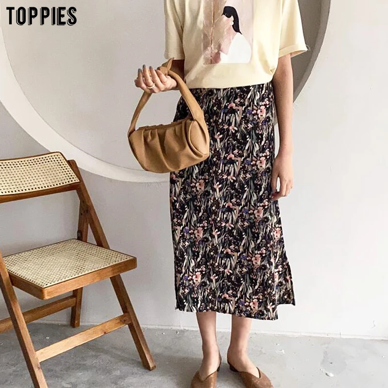 Toppies Sweet Floral Printing Midi Skirts High Waist Skirts Woman ...