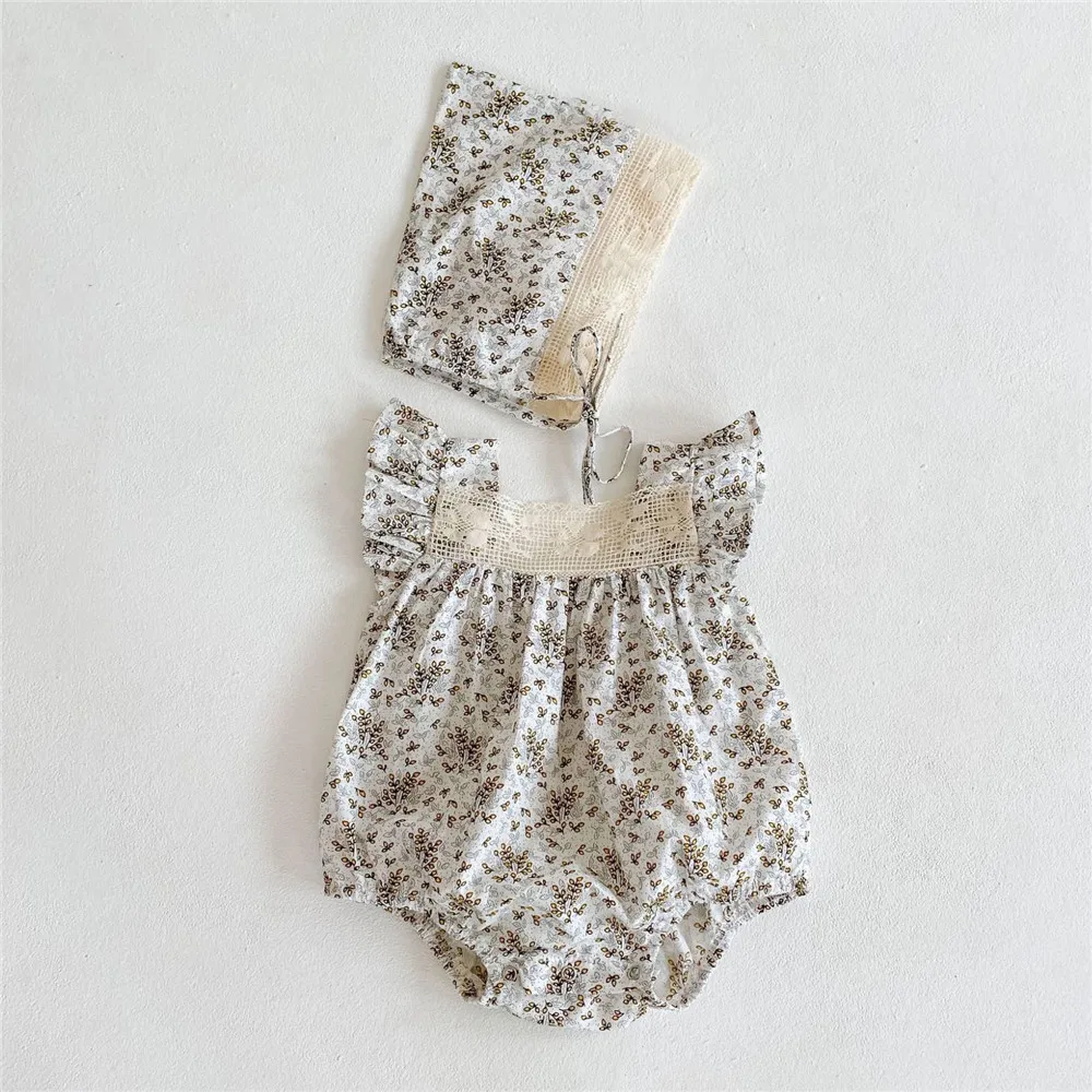 Cute Infant Baby Girls Romper Summer Newborn Baby Girl Clothes Sets Ruffle Floral Baby Tops + Headband 2Pcs Infant Girls Outfits Vintage Lace Baby Rompers Baby Bodysuits for girl 