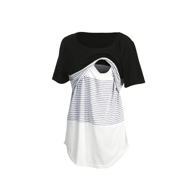Women Maternity Breastfeeding Tee Nursing Tops Striped Short Sleeve T-shirt Plus Size S-2XL