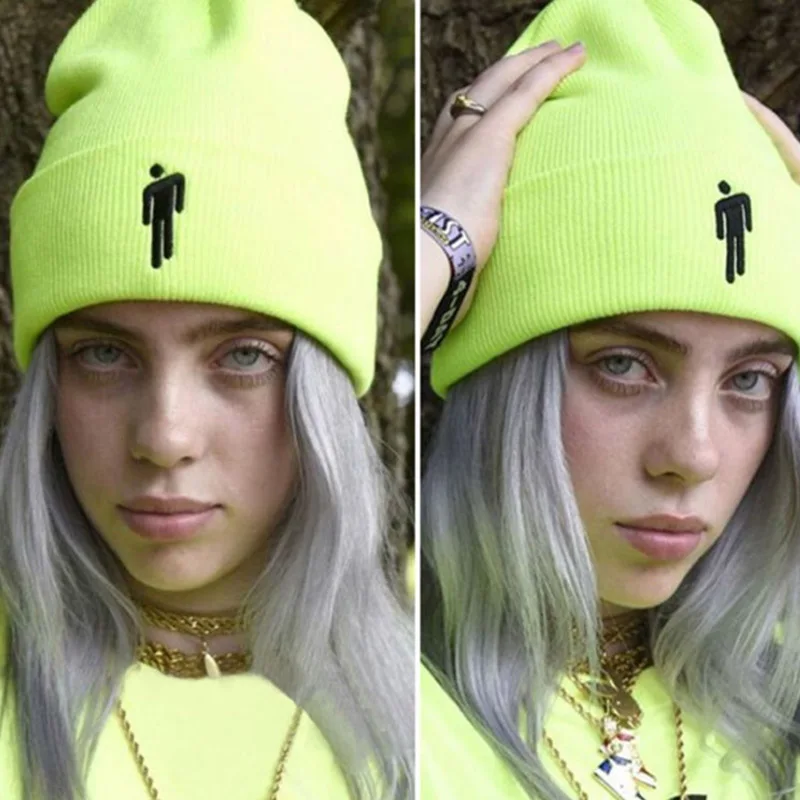 Зимняя вязаная шапка бини с вышивкой Billie Eilish, вязаная шапка для женщин, мальчиков и девочек в стиле хип-хоп, Повседневные шапки с манжетами, шапка унисекс