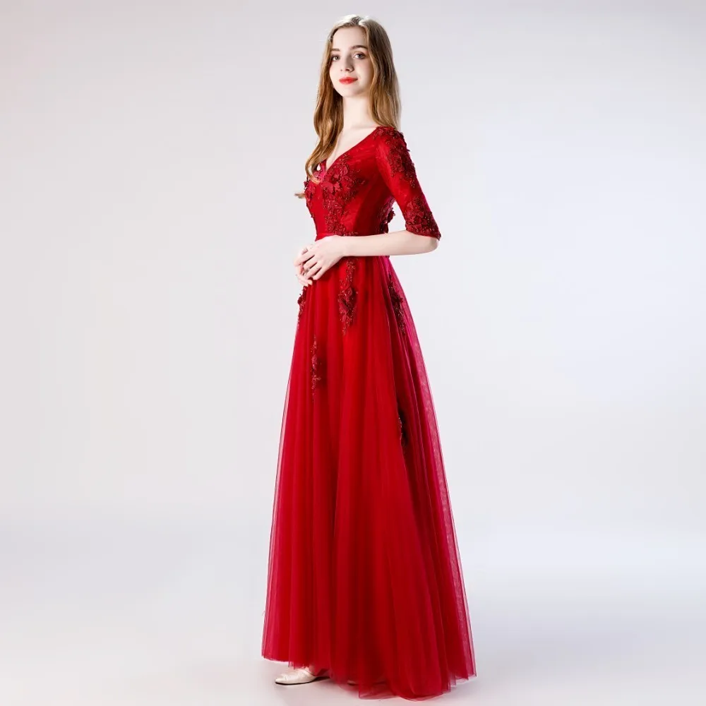 Vivian's Bridal 3d цветочное кружевное Бисероплетение платье для выпускного вечера с аппликацией винтажное v-образным вырезом с коротким рукавом пушистое вино Формальное вечернее платье