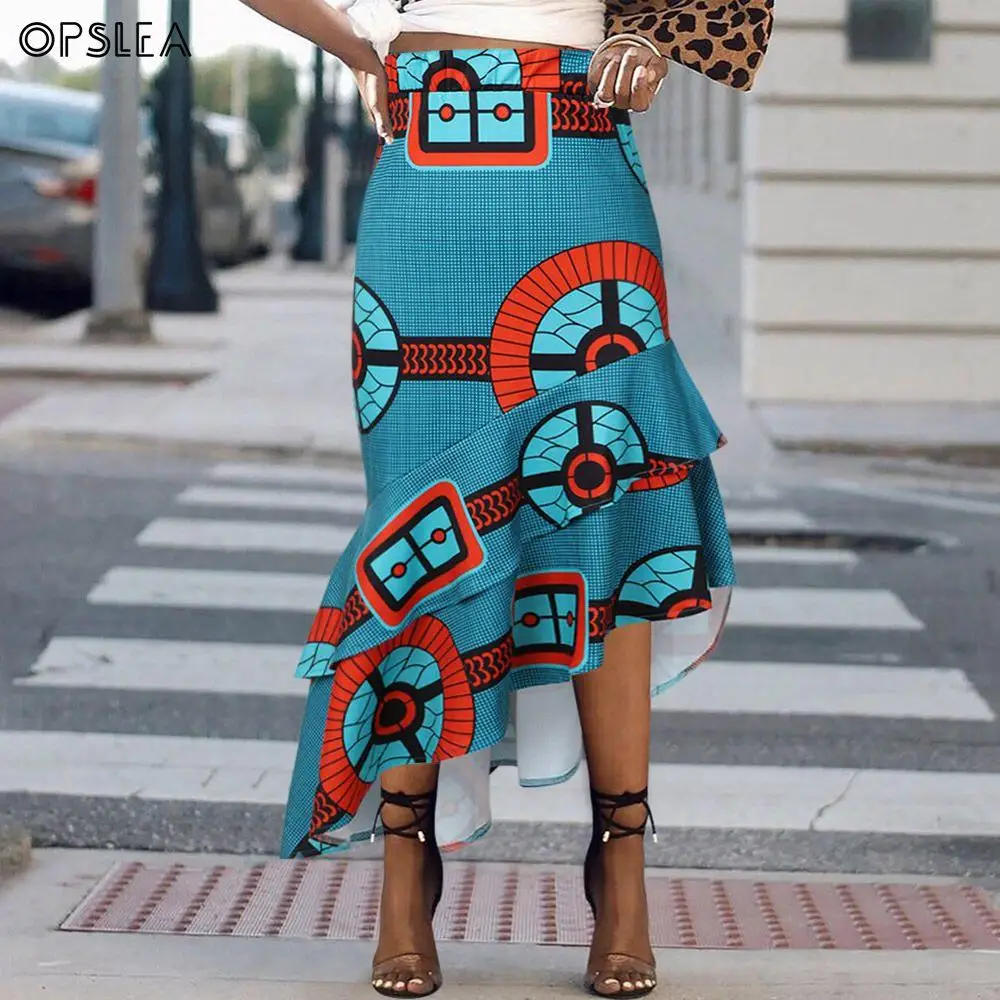 

Opslea Dashiki African Women Asymmetrical Ruffled Skirt Sexy Slim Fashion Print Skirt 2019 Autumn New African Casual Dresses
