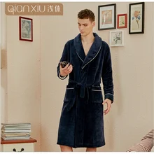 Зимние Утепленные теплые халаты мужские кимоно халаты Мужской роскошный фланелевый Халат мужской длинный рукав воротник домашняя одежда с поясом