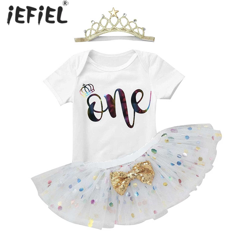 

Newborn Baby Girl Princess Clothes Set 1st Birthday Party Outfit Letter Print Romper Sequin Mesh Tutu Dress with Crown Costume