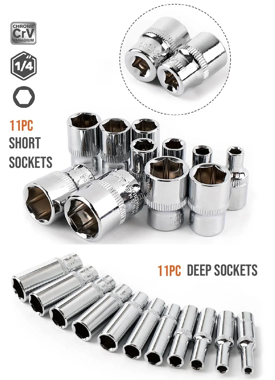 Hi-Spec-Long Deep Drive Socket Set, CRV Hand