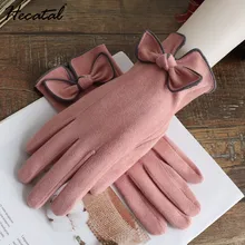 HECATAL Women Ski Gloves Windstopper Leisure Mittens Women Suede Touch Screen Gloves Autumn And Winter Outdoor Bow Elegant Warm