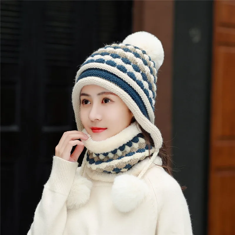 ball beige Женские зимние толстые вязаные шапки, шарфы, набор плюшевых воротников, теплая шапка-ушанка, шерстяной шарф, комплект из двух предметов для мужчин - Color: ball beige