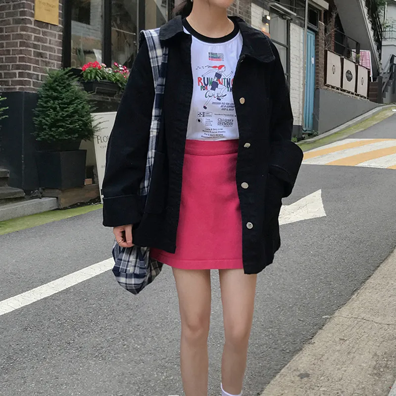 

2 colors Turn-down Collar solid color Jean Jacket for Womens Loose Women Coats Female pocket denim jacket Feminine (F6601)