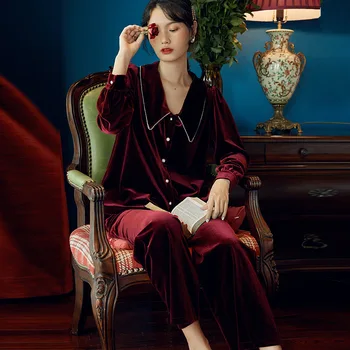 

Pajamas Women Winter Warm Gold Velvet Solid Women's Pyjamas Loose Cardigan Comfort Top Pants Home Sleepwear Female Set 2 Pcs