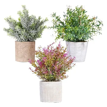 

Artificial Plastic Plant Mini Fake Plant Flowers Small Artificial Green Bonsai for Home Office Desk Decor 3 Pack