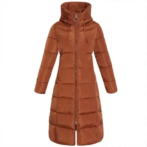 Женское зимнее пуховое пальто большого размера с капюшоном, Женское пальто со стоячим воротником, куртки с хлопковой подкладкой, длинное теплое женское пуховое пальто - Цвет: Caramel