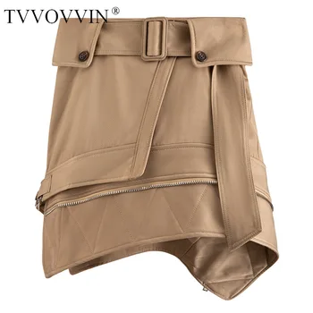 

TVVOVVIN 2020 Summer New High Waist Tooling Zipper Stitching Irregular Sashes A-line Skirt Women Solid Girl Female A994