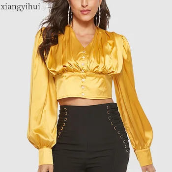 

Vintage Sexy Satin Button Up Shirt Womens Fashion Lantern Sleeve Immation Silk Blouse Short Single-breasted Tops Office Shirts