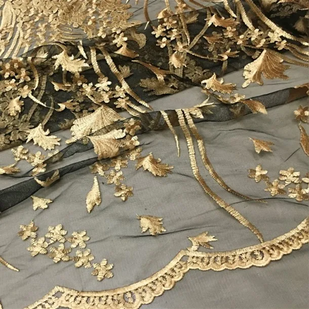 1 ярд золотая металлическая вышивка кружевная ткань на черной сетке кружево зубчатый край роскошная кружевная ткань для выпускного вечера платье бальное платье