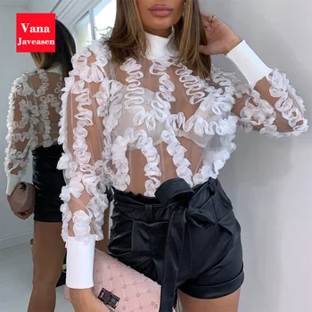 

Women Fashion Dimensional Flowers Shirt Women Casual Long Sleeve Chic Blouse Perspective Turtleneck Tops blusas mujer de moda