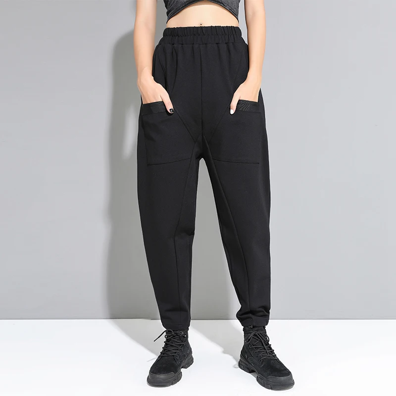 

2019 Autumn Women Casual Harem Pants Elastic Waist Female Black Loose Pant Pockets Stretch Women Fashion TrousersStreetwear WP91