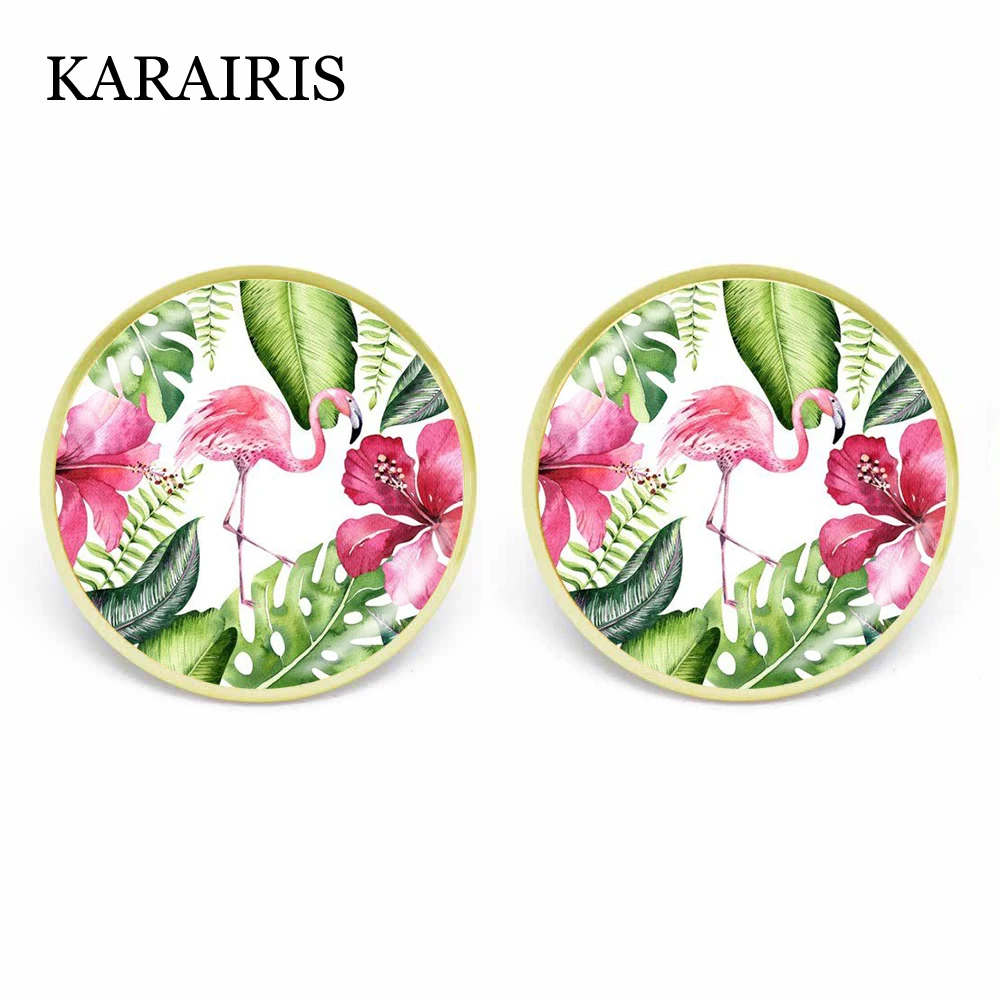 Серьги-гвоздики KARAIRIS с цветком и фламинго 16 мм высокие светлые розовые круглые