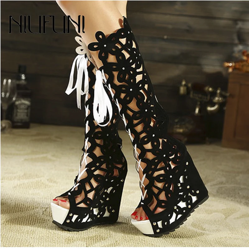 

Peep Toe Hollow Rivet Women Mid Calf Boots Cross Straps Boots Wedge High Heels Waterproof Platform Nightclub Party Women's Shoes