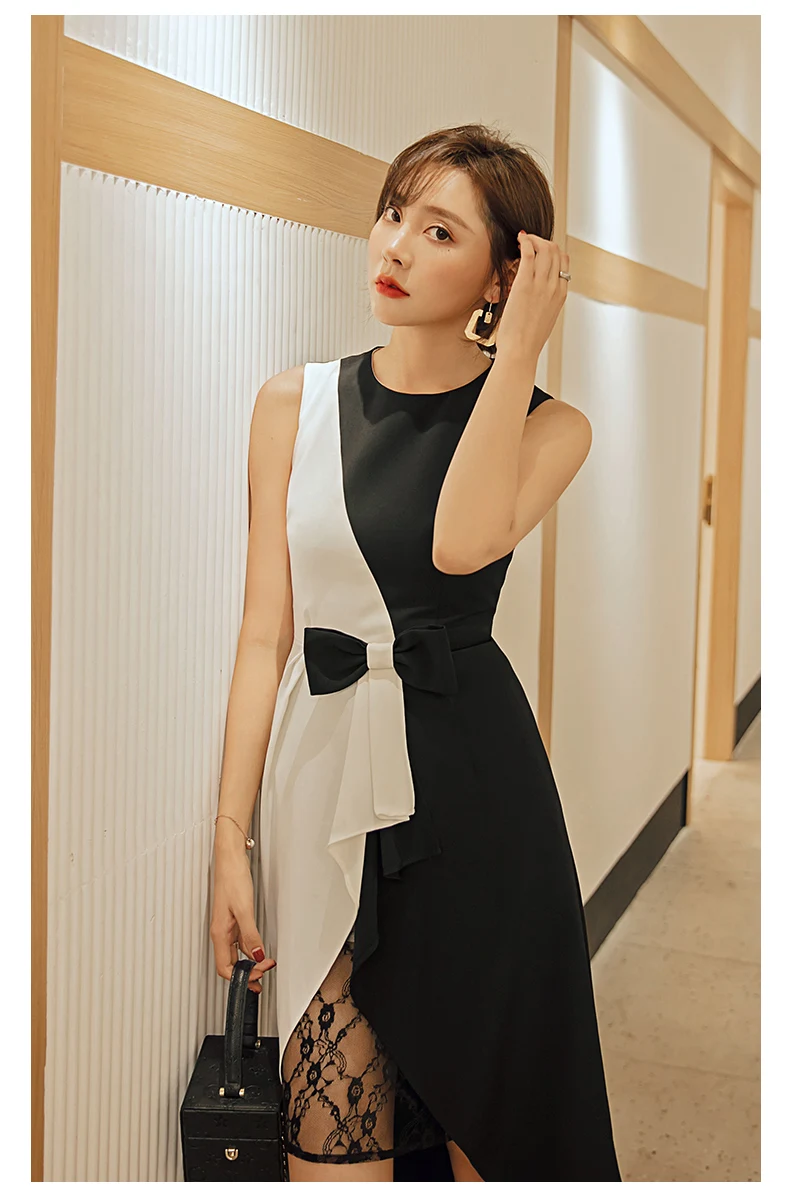 YIGELILA Summer New Arrivals Patchwork Dress O-neck Sleeves With Bow Elegant Dress Empire Mid-calf Office Lady Dress 65224