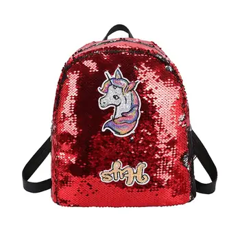 

Teenage Heart Unicorn Backpack Sequins Casual Students Bookbag Exquisite Travel Bag Anti-theft Backpack (Red)