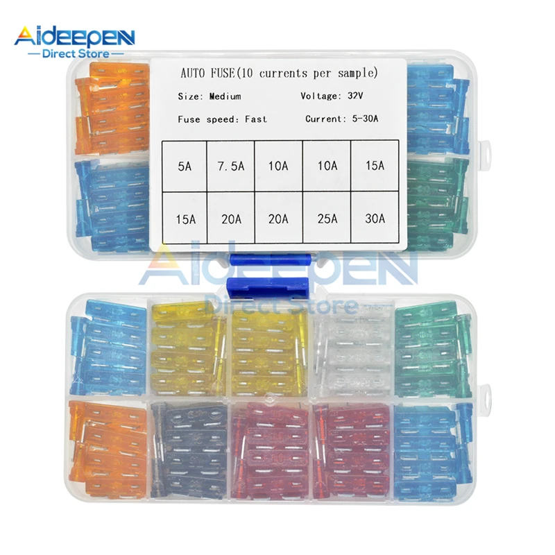 100 шт./компл. мини/Малые/средние предохранители для автомобиля 5A 7.5A 10A 15A 20A 25A 30A Amp Автомобильный плоский предохранитель Пластик коробка с плавкий предохранитель инструмент