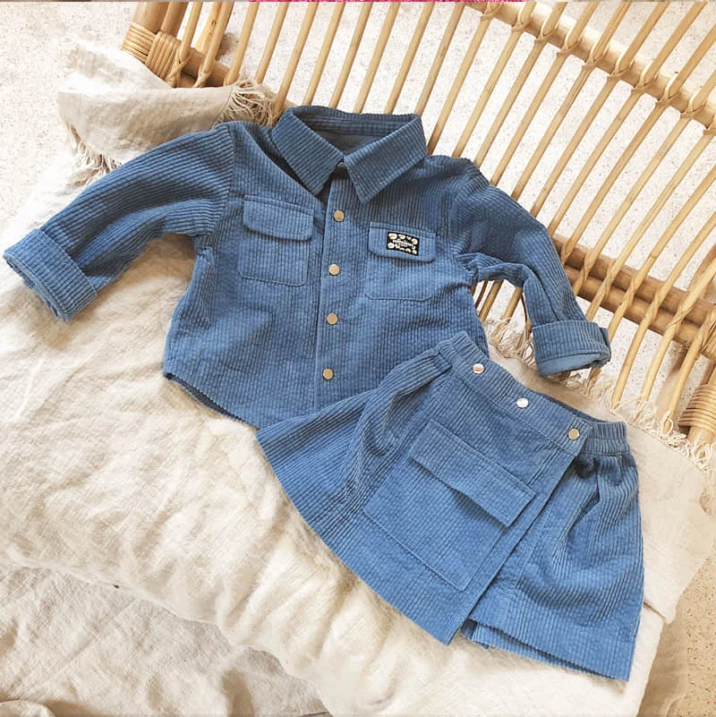 

Skirt cover parent-child wear blue corduroy mother and women's label skirt cover parent-child wear Korean girl baby wear blue co