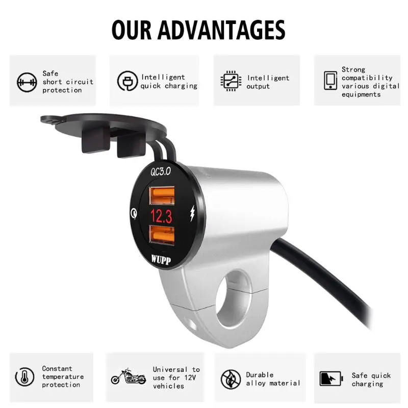 Металлический 12V мотоциклов Водонепроницаемый QC3.0 Dual USB быстрой Зарядное устройство Светодиодный переключатель вольтметра