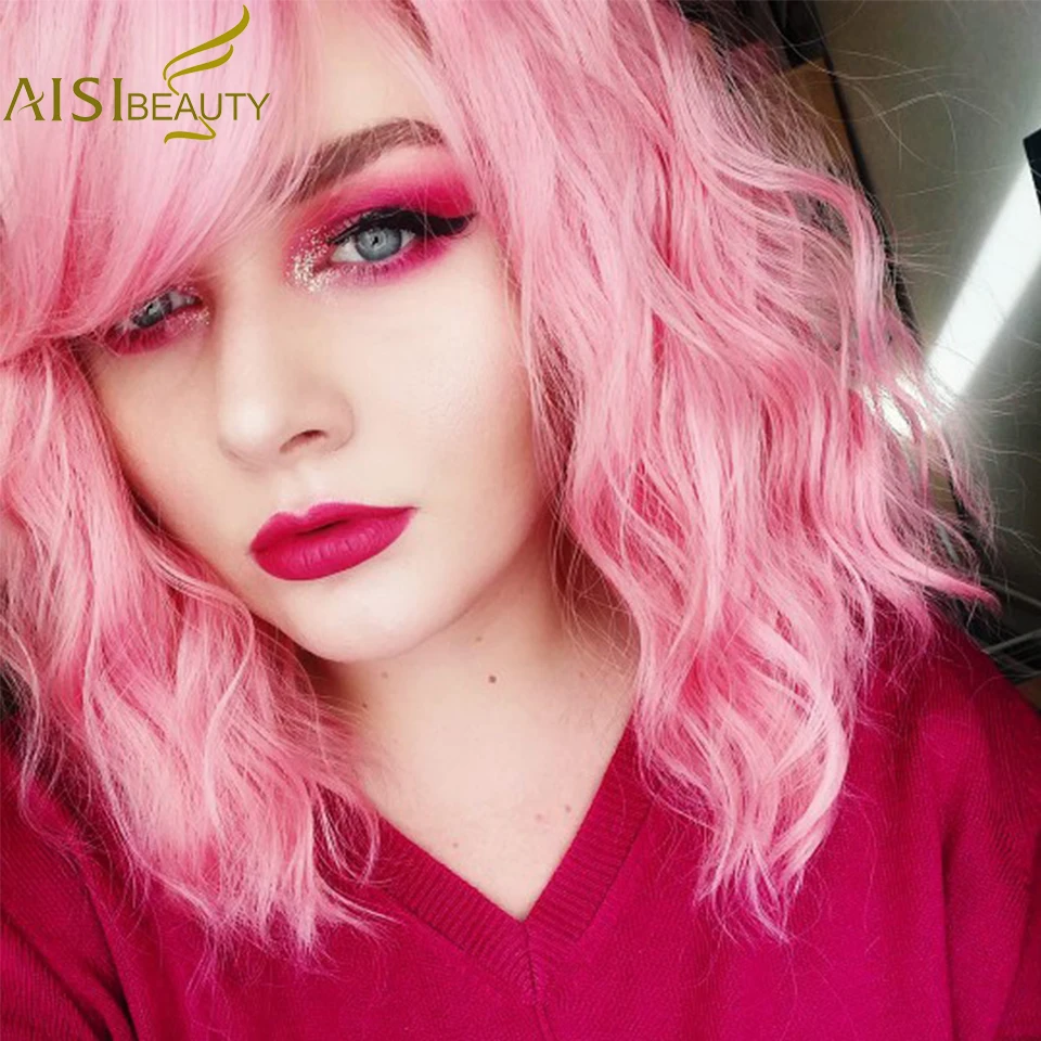 Cena AISI BEAUTY krótka peruka z grzywką fala wody peruki syntetyczne dla kobiet różowy śliczne lolita cosplay kobiece codzienne sztuczne włosy
