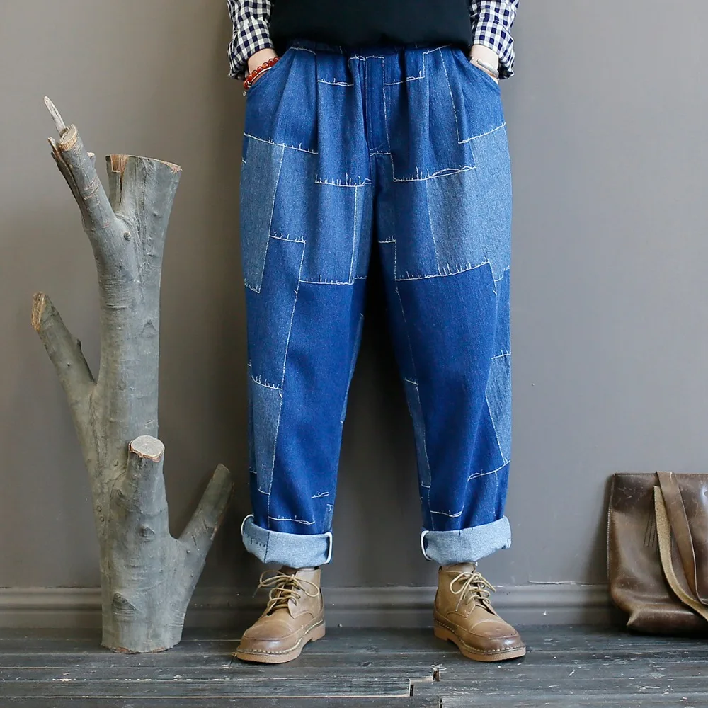 DIMANAF плюс размер женские длинные брюки винтажные джинсовые Лоскутные свободные штаны большого размера Pantalones женские джинсы брюки Осень новинка