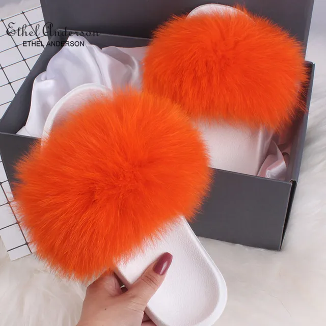 2021 Hot Sale Women Real Fox Fur Slippers Multi-color Summer Fashion Slides Casual Female Furry Shoes As picture