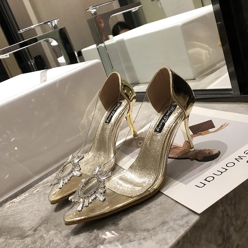 LTARTA Spring-Summer New Glass Glue Sunflower Rhinestone Buckle Transparent High-Heel Shoes Women Sexy Pumps JXQ