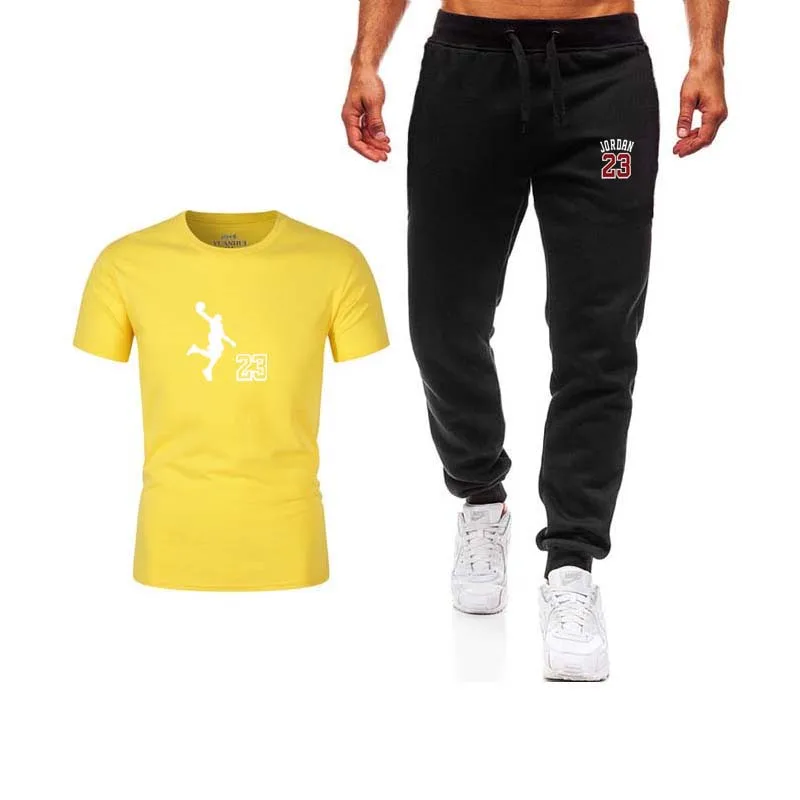 Летний мужской спортивный костюм комплект из двух предметов, футболка, спортивные штаны, повседневная одежда, спортивный костюм jordan 23, хлопковая спортивная одежда