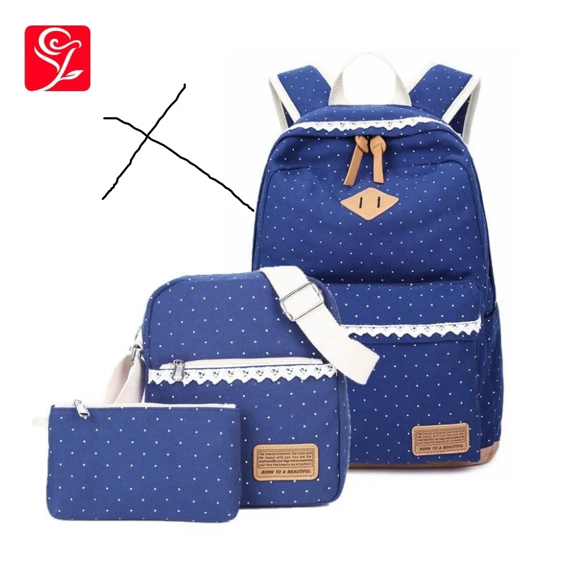 

3pcs Blue Dot Canvas School Backpack Set Cute Lace Decoration School Bags For Girls Laptop Computer Backpack 14 Pen Pencil Bag