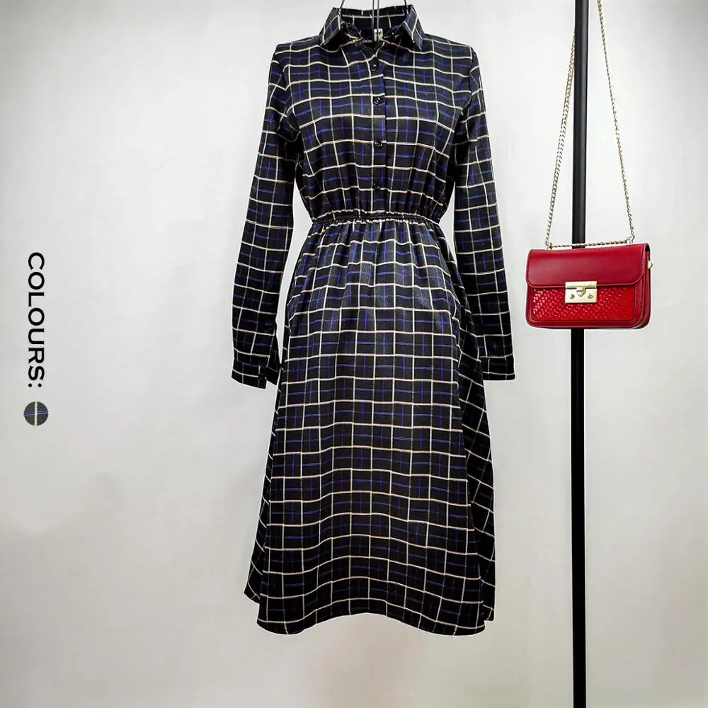 

2020 New Autumn Women Plaid Dress Cotton Hemp High Waist Lapel Long Sleeve Club Party Dress Winter